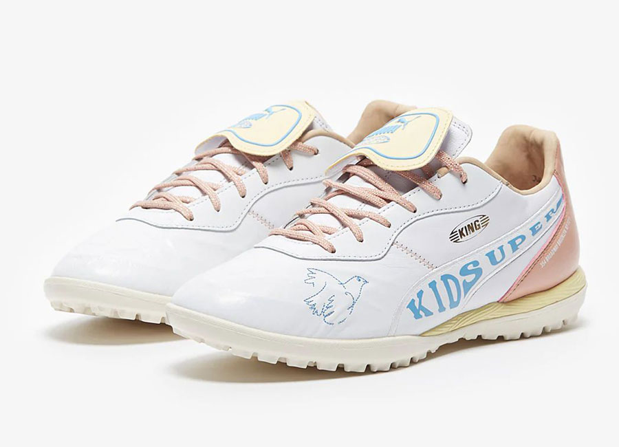 Puma King x KidSuper TT - White / Mellow Yellow / Misty Rose / Team Light Blue #pumafootball #KidSuper