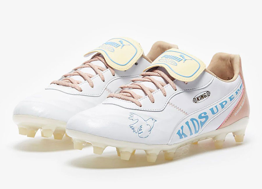 Puma King x KidSuper FG - White / Mellow Yellow / Misty Rose / Team Light Blue #KidSuper #footballboots #pumafootball
