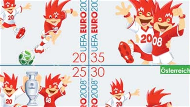The Trix and Flix Stamp Sheet – with four Renate Gruber designs featuring UEFA EURO 2008™ mascots Trix and Flix. The Trix and Flix Stamp Sheet – with four Renate Gruber designs featuring UEFA EURO 2008™ mascots Trix and Flix.