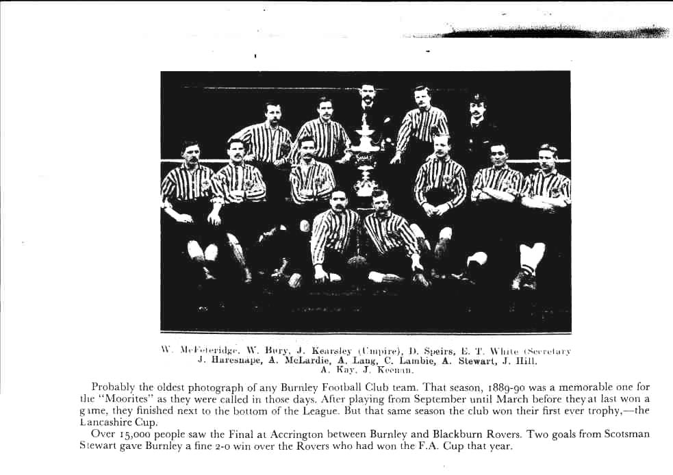 The famous photograph of April 1890, showing the Burnley players with the Lancashire Cup, is taken with the players wearing the light blue and white striped shirts for just about the last time before the club's colours were changes to all blue for the 1890/91 season.