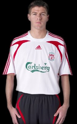 Liverpool Football Club today unveiled its stylish new away kit for 2007/08. Adidas has ditched the yellow of last year in favour of a traditional white, red and black number which is sure to find favour among the fans. Liverpool Football Club today unveiled its stylish new away kit for 2007/08. Adidas has ditched the yellow of last year in favour of a traditional white, red and black number which is sure to find favour among the fans.