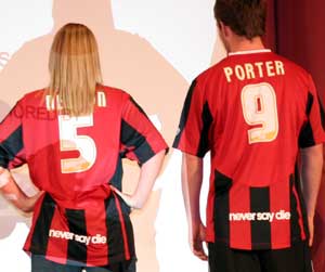 The kit also incorporates the Club's 'Never Say Die' motto along the back of the shirt. The kit also incorporates the Club's 'Never Say Die' motto along the back of the shirt.