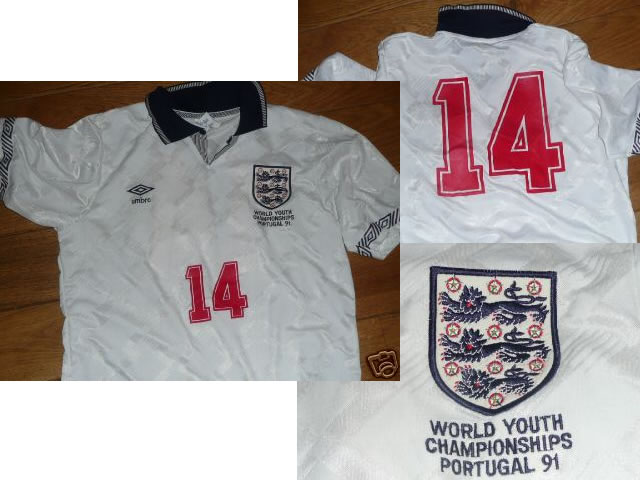 Genuine England Match Worn Football Shirt - World Youth Championships - Portugal 1991 Genuine England Match Worn Football Shirt - World Youth Championships - Portugal 1991