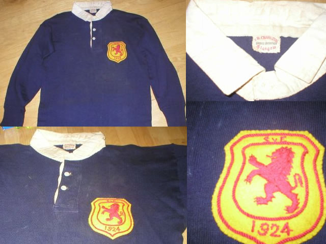this is a rare one this is a 1924 scotland shirt worn in the actual international game against england in that year the shirt is in fantastic condition still with great colours and no holes or repairs at all the shirt was made by t.r. or r r charlton sports outfitter glasgow this is a rare one this is a 1924 scotland shirt worn in the actual international game against england in that year the shirt is in fantastic condition still with great colours and no holes or repairs at all the shirt was made by t.r. or r r charlton sports outfitter glasgow