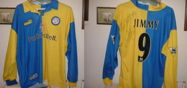 MATCH WORN / ISSUED JIMMY HASSELBAINK LEEDS SHIRT - VERY RARE AS IT HAS JIMMY ON THE BACK OF THE SHIRT - HASSELBAINK WORE JIMMY ON HIS SHIRT FOR FIRST LEAGUE APPEARANCE - THIS WAS STOPPED BY FA - THIS SHIRT WAS PREPARED FOR HIS FIRST AWAY GAME. MATCH WORN / ISSUED JIMMY HASSELBAINK LEEDS SHIRT - VERY RARE AS IT HAS JIMMY ON THE BACK OF THE SHIRT - HASSELBAINK WORE JIMMY ON HIS SHIRT FOR FIRST LEAGUE APPEARANCE - THIS WAS STOPPED BY FA - THIS SHIRT WAS PREPARED FOR HIS FIRST AWAY GAME.