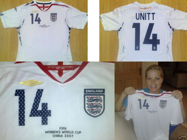 Genuine signed England shirt from the Womens World Cup China 2007...worn by Everton and England Left Back Rachel Unitt