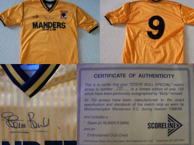 rare wolverhampton wanderers f.c match jersey season 1988/89. this is a limited edition autographed by "bully" himself. this is number 737 of 750 made and comes with a certificate of authenticity rare wolverhampton wanderers f.c match jersey season 1988/89. this is a limited edition autographed by "bully" himself. this is number 737 of 750 made and comes with a certificate of authenticity