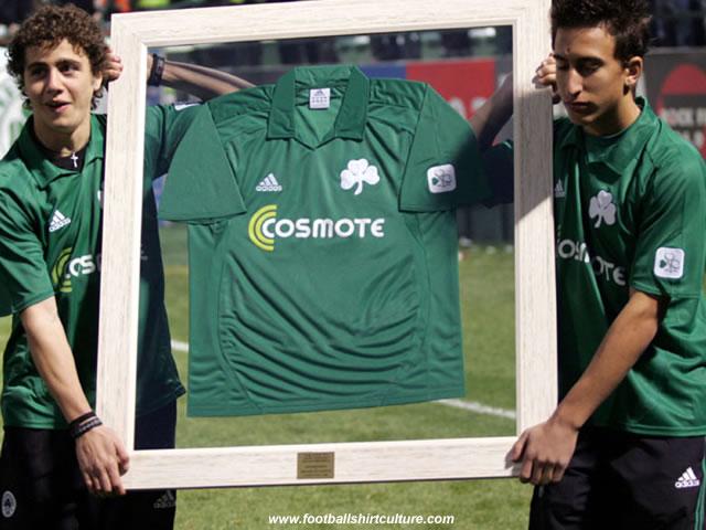 Panathinaikos launched a centenary footall shirt to celebrate the clubs 100th birthday. Panathinaikos launched a centenary footall shirt to celebrate the clubs 100th birthday.