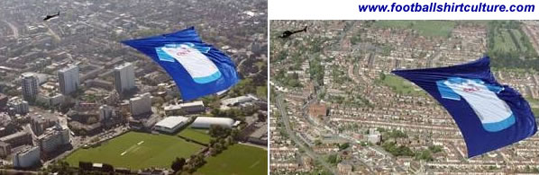 Pompey fans have been looking skywards this morning as a giant shirt is being flown around the city. A helicopter trailing a 184 feet by 131 feet Portsmouth shirt courtesy of the club's sponsor OKI Printing Solutions is being pulled across the city's sky. Pompey fans have been looking skywards this morning as a giant shirt is being flown around the city. A helicopter trailing a 184 feet by 131 feet Portsmouth shirt courtesy of the club's sponsor OKI Printing Solutions is being pulled across the city's sky.