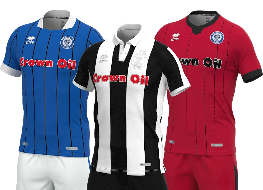 Rochdale AFC 2021-22 Errea Home, Away and Third Shirts